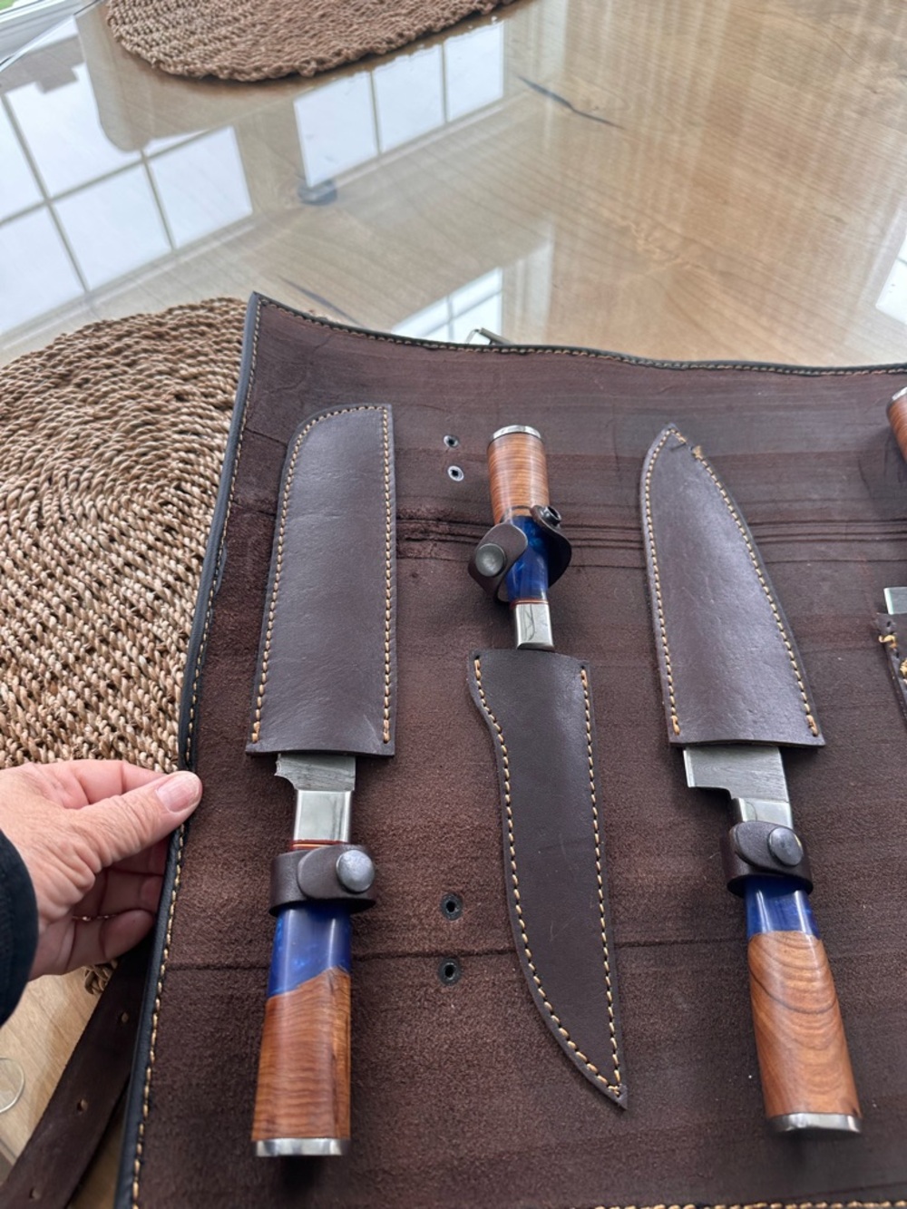 Handmade Leather Knife Roll with Set of 7 Wood-Handled Knives - Picture 3 of 15